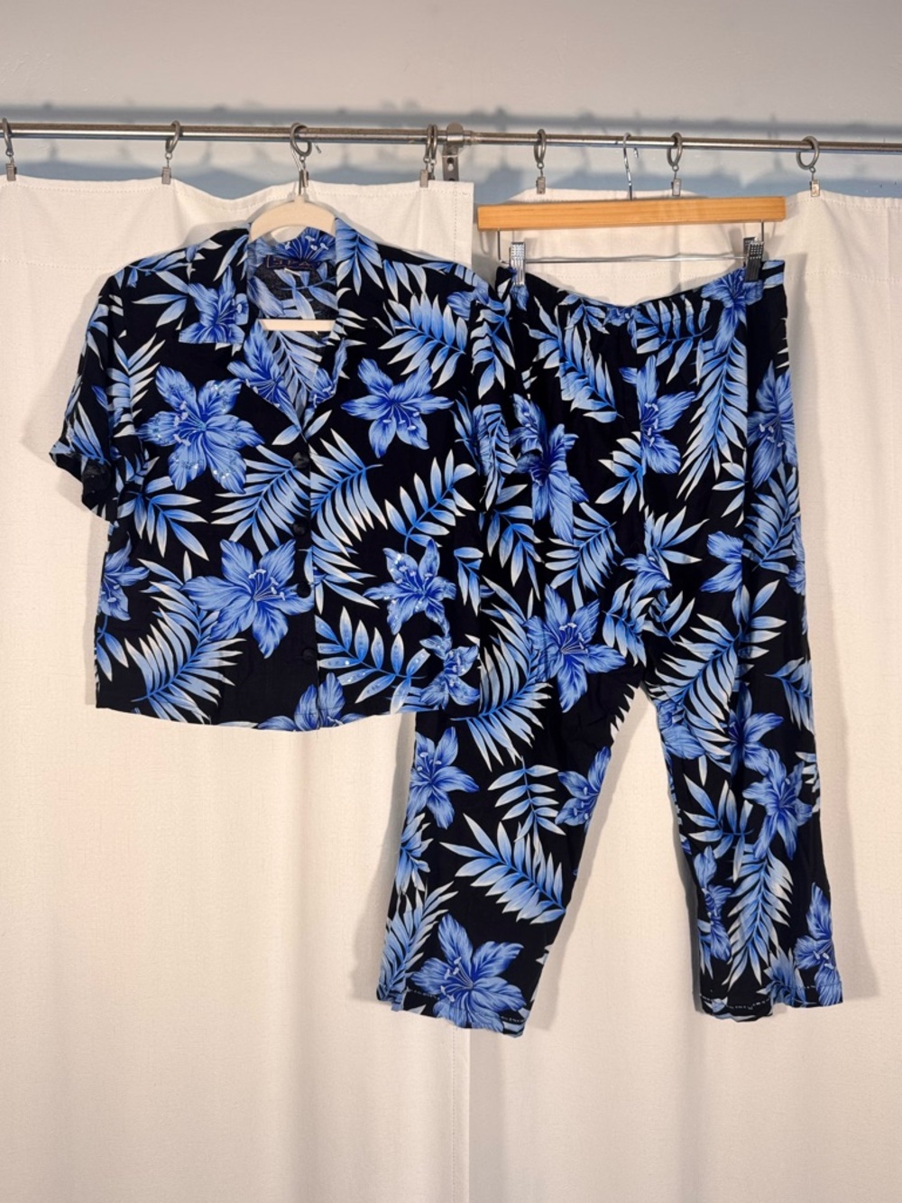 Vintage SPA Blue Tropical Floral Beaded Two Piece Set